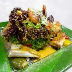 Knackige Blattsalate in Balsamico Dressing mit gedämpften Edelfischen